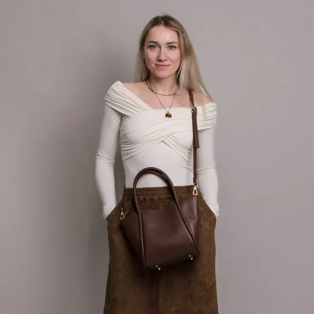 Latalia Florence M skinnveske sjokoladebrun ekte skinn
