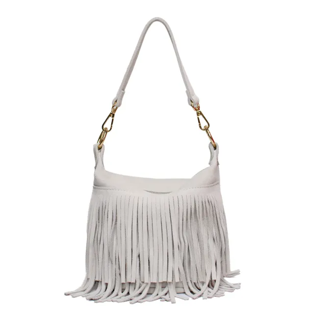 Latalia Cento frynseveske mocka beige